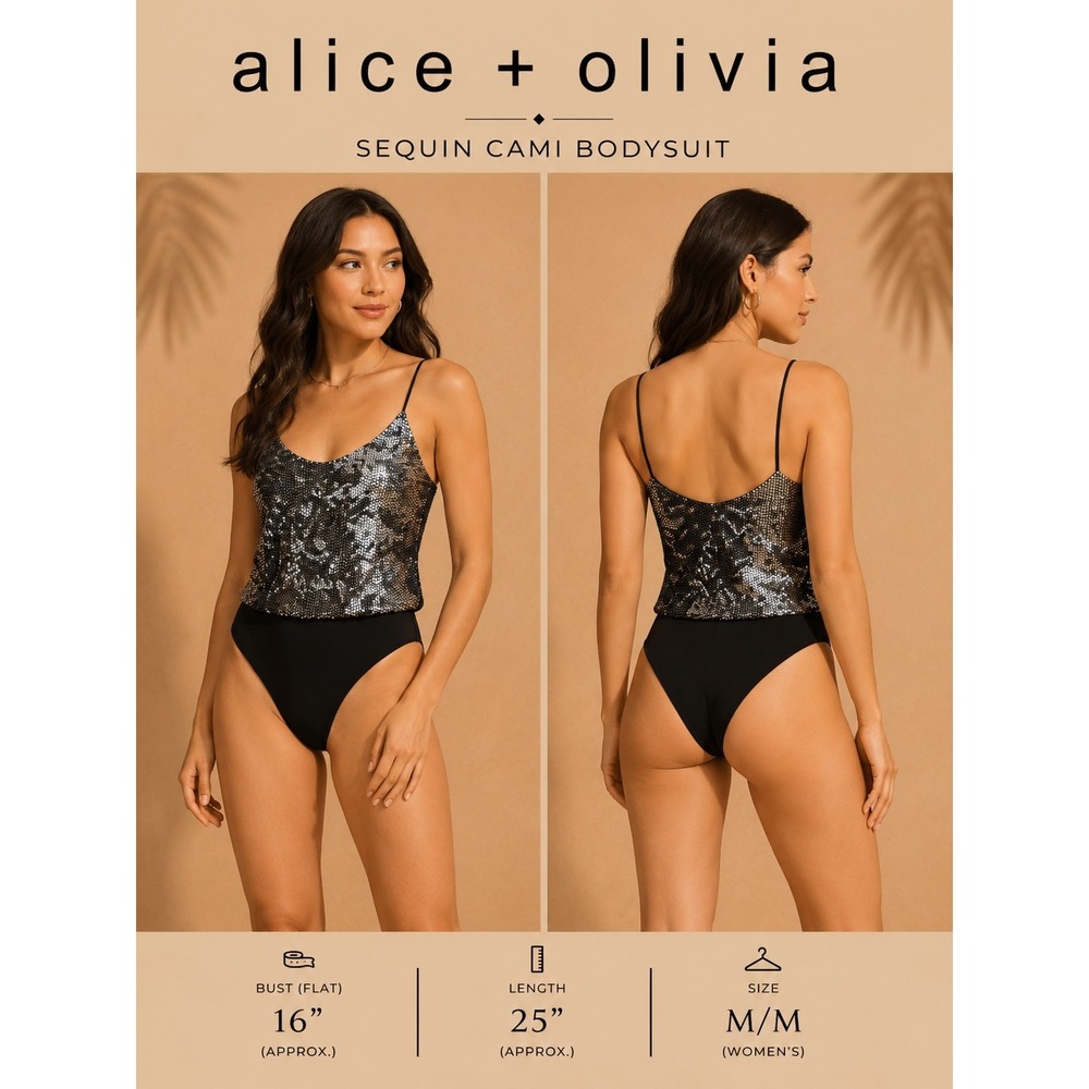 Alice + Olivia Silver Sequin Bodysuit Black Thong Spaghetti Strap CC911D12801 M‎